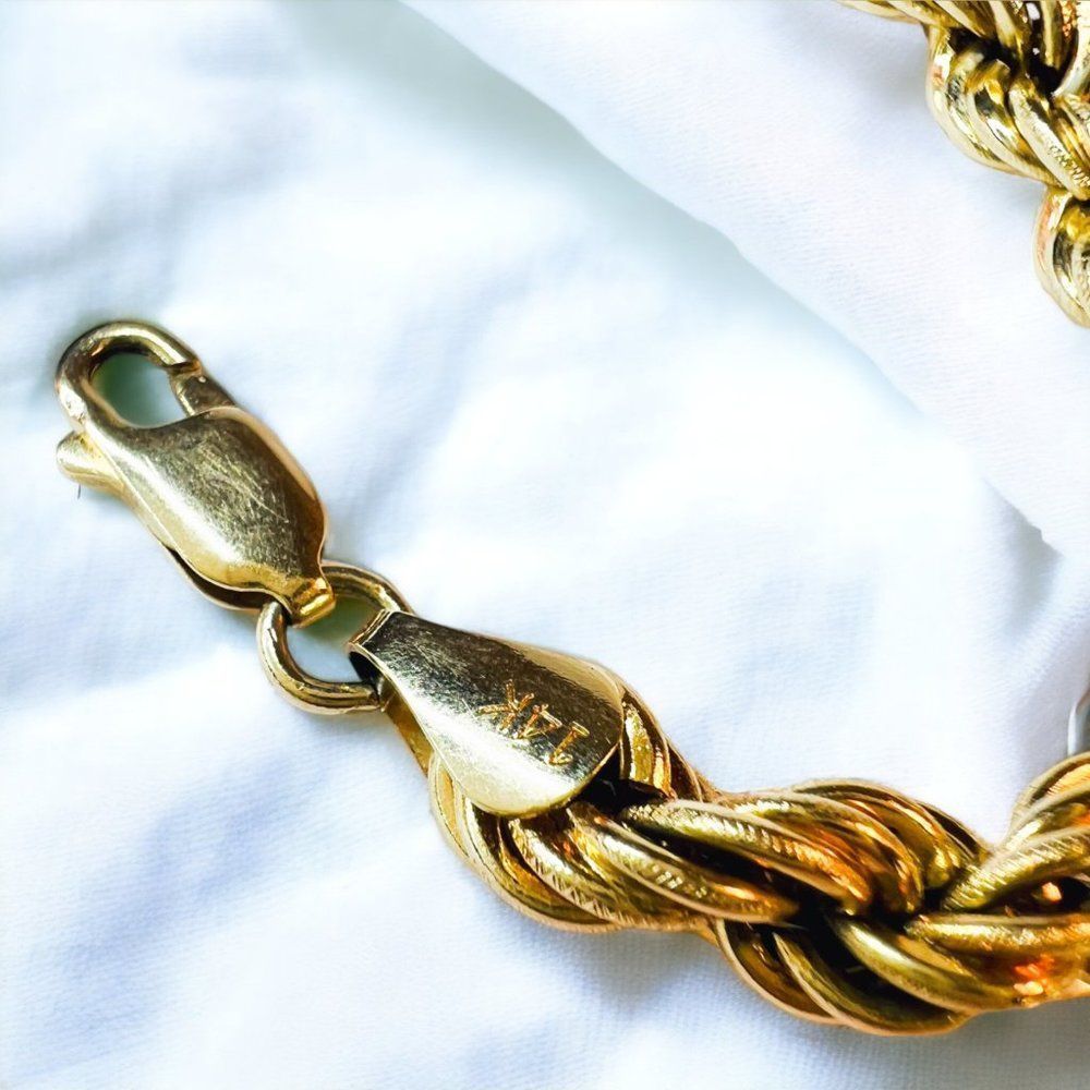 Vintage 14k Yellow Gold 6mm Rope Bracelet 7.25" Hand Crafted Cable Rings 4.5g - Picture 10 of 16